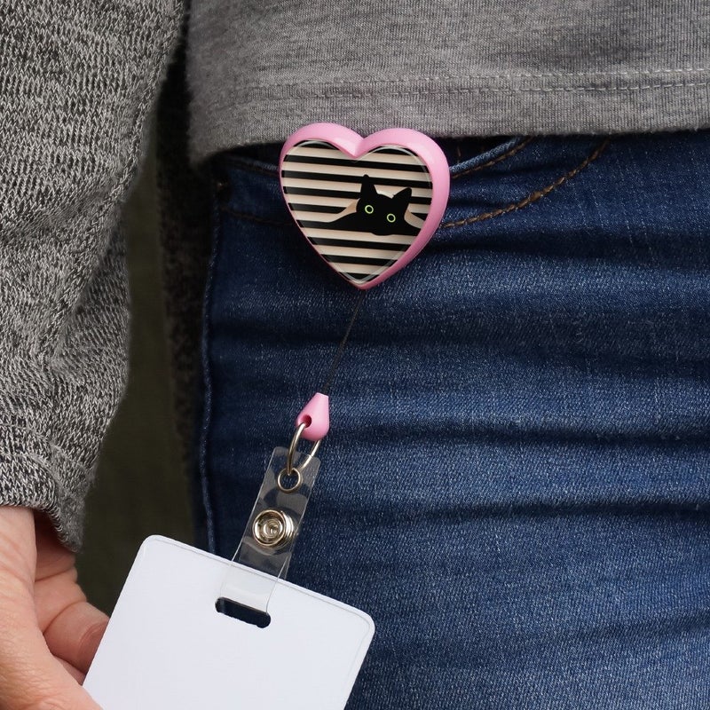 GRAPHICS & MORE Black Cat in Window Heart Lanyard Retractable Reel Badge ID Card Holder - Pink - Image 2